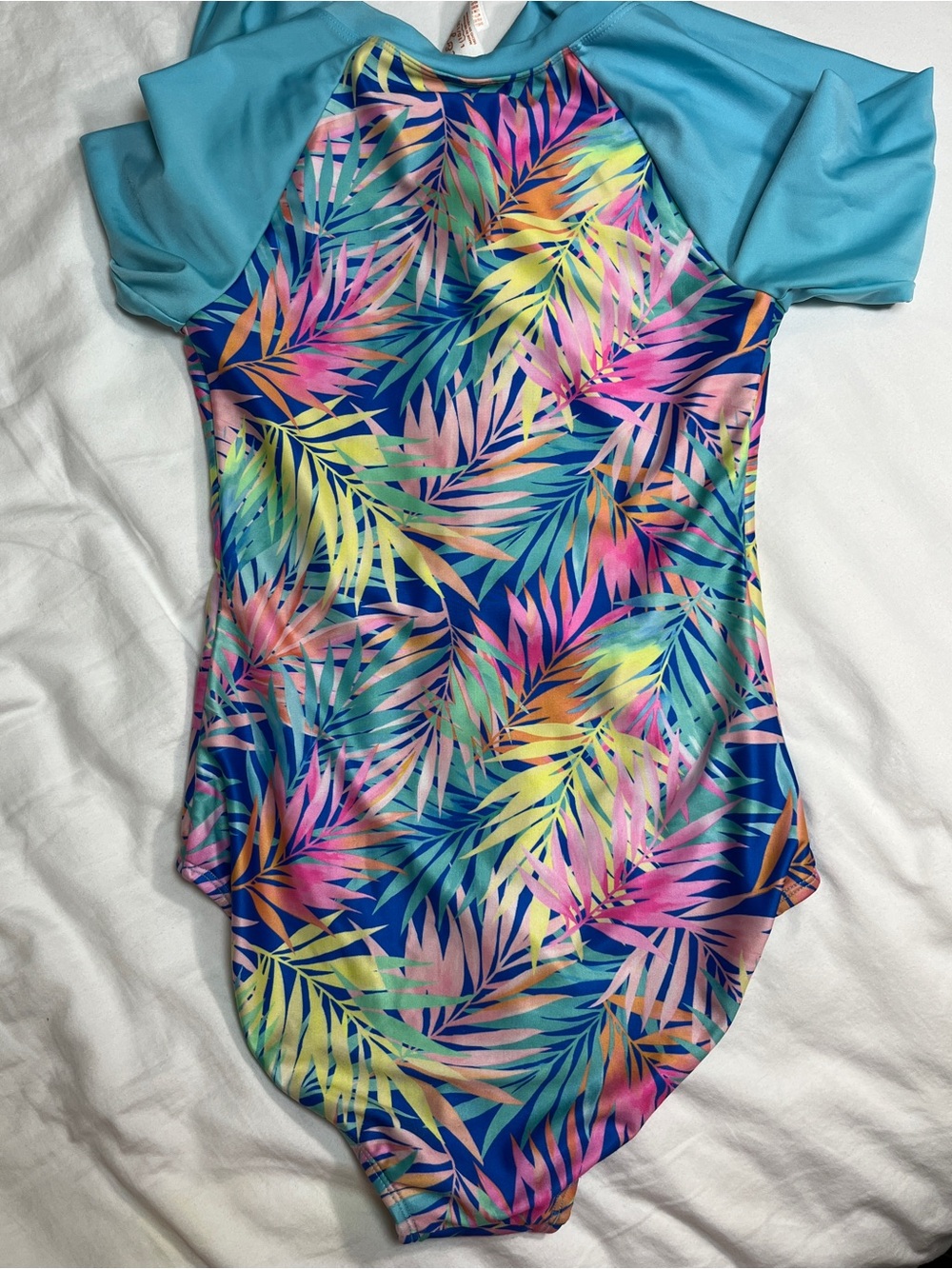 Cat & Jack Tropical Palm Print One Piece Rash Guard Swimsuit Blue Girls L 10/12 - Picture 3 of 8